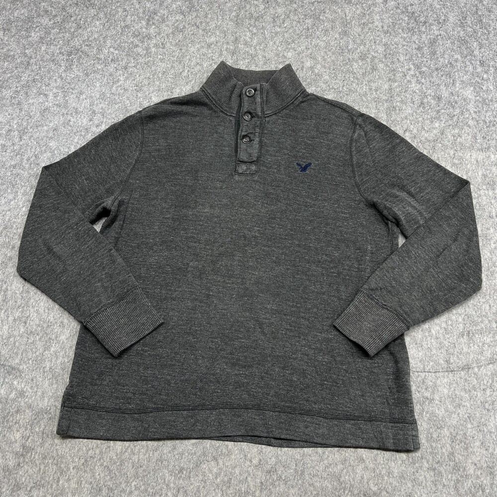 American Eagle Sweater Mens XL Gray Mock Neck Button Henley Pullover Knit
